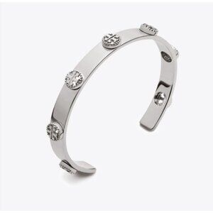 Tory Burch Silver Milgrain Logo-Plaque Cuff Bracelet